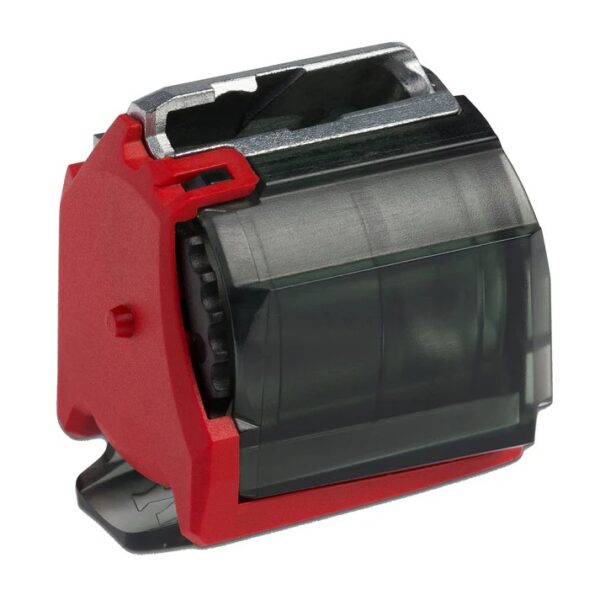 Replacement label tape cartridge for a handheld label printer, red and gray housing with a transparent cover showing the tape roll