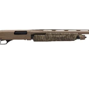 Camouflage-pattern hunting shotgun shown in profile with a long brown barrel on a white background.