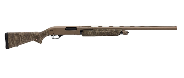 Camouflage-pattern hunting shotgun shown in profile with a long brown barrel on a white background.