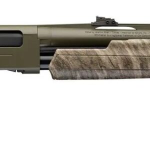 Camouflage-pattern pump-action hunting shotgun with olive-green receiver and wood-textured stock and fore-end