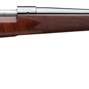 Bolt-action hunting rifle with a polished wood stock and long metal barrel (side profile).
