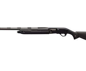Side view of a black bolt-action rifle with a long barrel and ergonomic stock.