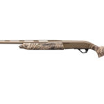 Camouflage-pattern hunting rifle laid horizontally with brown barrel and black stock end cap