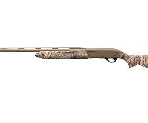 Camouflage-pattern hunting rifle laid horizontally with brown barrel and black stock end cap