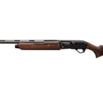 Side view of a long-barreled pump-action shotgun with a wooden stock and fore-end.