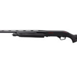 Side view of a black shotgun with a long barrel and synthetic stock.