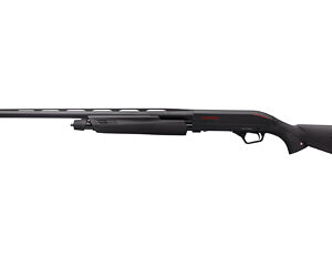 Side view of a black shotgun with a long barrel and synthetic stock.