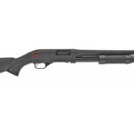 Black pump-action shotgun with a synthetic stock and forend, long barrel extending to the right.