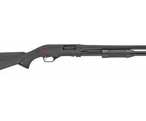 Black pump-action shotgun with a synthetic stock and forend, long barrel extending to the right.