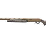 Bolt-action hunting rifle with tan finish and camouflaged stock, shown in side profile on a white background.