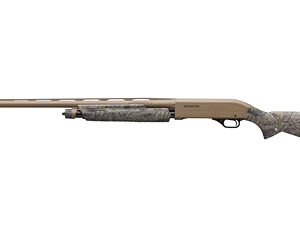 Bolt-action hunting rifle with tan finish and camouflaged stock, shown in side profile on a white background.