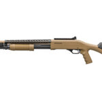 Tan-colored semi-automatic rifle shown in side profile with front grip and adjustable stock, featuring a scope rail and muzzle device.