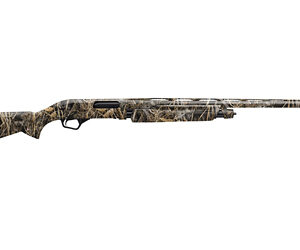 Camouflage-pattern pump-action shotgun shown in profile with a long barrel.