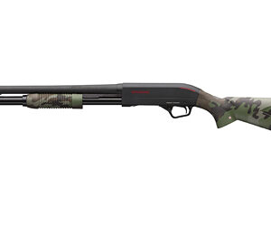 Pump-action shotgun with a camouflage stock and black barrel.