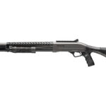 Side profile of a black semi-automatic rifle with a long barrel and adjustable stock.