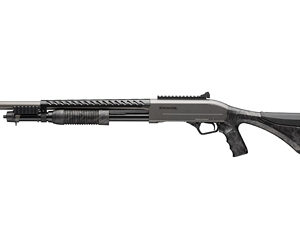 Side profile of a black semi-automatic rifle with a long barrel and adjustable stock.