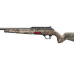 Camouflage-pattern semi-automatic shotgun with long barrel and skeleton stock