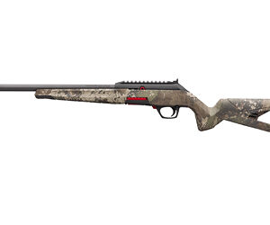 Camouflage-pattern semi-automatic shotgun with long barrel and skeleton stock