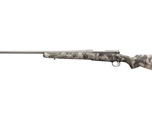 Camouflage-pattern bolt-action hunting rifle with a long barrel, shown from the side.
