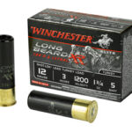 Winchester Long Beard XR turkey load ammo box with two brass shotgun shells displayed beside it, 12 gauge turkey ammunition