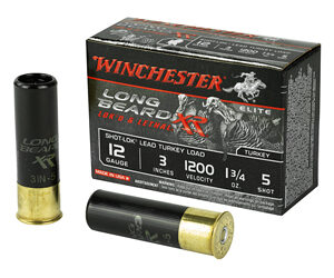 Winchester Long Beard XR turkey load ammo box with two brass shotgun shells displayed beside it, 12 gauge turkey ammunition