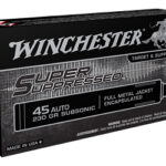 Box of Winchester Super Suppressed 45 Auto subsonic ammo, 230 gr FMJ, full metal jacket encased