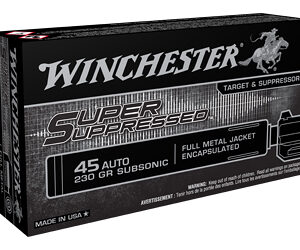Box of Winchester Super Suppressed 45 Auto subsonic ammo, 230 gr FMJ, full metal jacket encased
