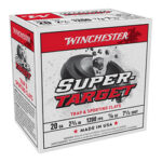 Box of Winchester Super-Target shotgun shells for trap and sporting clays, shown in a white-and-red package.