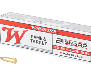 Winchester Game & Target ammunition box with two bullets beside it, labeled full metal jacket 100 rounds (Made in USA).