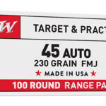 Box of .45 Auto ammunition, 230 grain FMJ, 100-round range pack (made in USA)