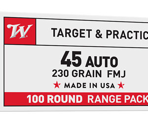 Box of .45 Auto ammunition, 230 grain FMJ, 100-round range pack (made in USA)
