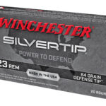 Winchester .223 Remington Silver Tip 64-grain defense ammo box, 20 rounds, Made in USA.