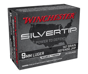 Box of Winchester Silver Tip 9mm Luger defense ammunition, 147-grain JHP, 20 rounds (Made in USA)