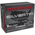 Box of Winchester Silver Tip 9mm Luger defense ammunition, 115-grain hollow-point, 20 rounds