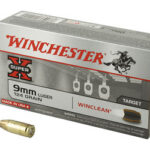 Winchester Super-X 9mm Luger target ammo box, 124 grain WinClean, with two bullets outside the box.