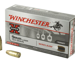 Winchester Super-X 9mm Luger target ammo box, 124 grain WinClean, with two bullets outside the box.