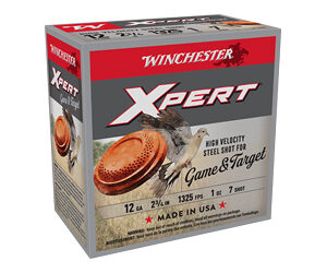 Box of Winchester Xpert high-velocity steel shot ammunition for 12-gauge, Game & Target, Made in USA.