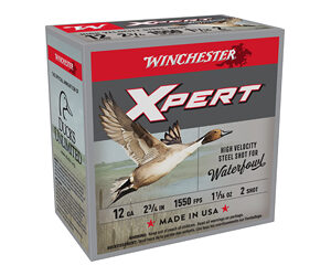 Winchester Xpert waterfowl shotgun shells box: 12 gauge, 2¾ in, 1½ oz, 1550 fps, Made in USA.