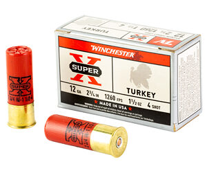 Box of Winchester Super-X Turkey shotgun shells (12 gauge) with two red brass shells beside it.