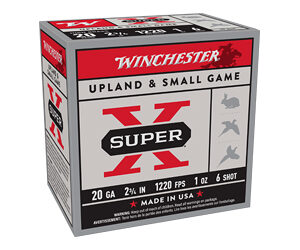 Box of Winchester Super-X 20-gauge shotgun ammunition for upland and small game (2 3/4 in, 1 oz, #6 shot) made in USA