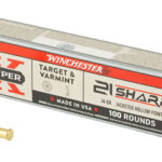 Box of Winchester Super-X Target Varmint ammunition, 100 rounds, with two loose bullets beside the box.