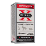 Box of Winchester Super-X Varmint & Predator ammunition for .22 Hornet, 40 grain, made in USA.