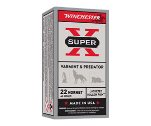 Box of Winchester Super-X Varmint & Predator ammunition for .22 Hornet, 40 grain, made in USA.