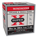 Winchester Super-X upland & small game shotgun shell box: 28 gauge, 3-inch shells, 1 oz shot, 1200 fps (Made in USA).