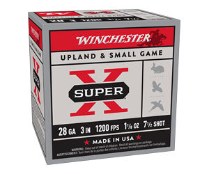 Winchester Super-X upland & small game shotgun shell box: 28 gauge, 3-inch shells, 1 oz shot, 1200 fps (Made in USA).