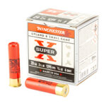 Box of Winchester Super-X 28-gauge shotgun shells with two bright orange shells beside the box, showing 'Made in USA' labeling.