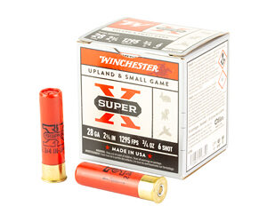 Box of Winchester Super-X 28-gauge shotgun shells with two bright orange shells beside the box, showing 'Made in USA' labeling.
