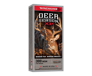 Winchester Deer Season XP 300 WSM rifle ammunition box featuring a buck image; 150 grain, Made in USA.