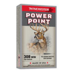 Winchester Power Point .308 Winchester ammunition box, 180-grain, hunting cartridge, Made in USA.