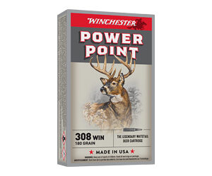 Winchester Power Point .308 Winchester ammunition box, 180-grain, hunting cartridge, Made in USA.
